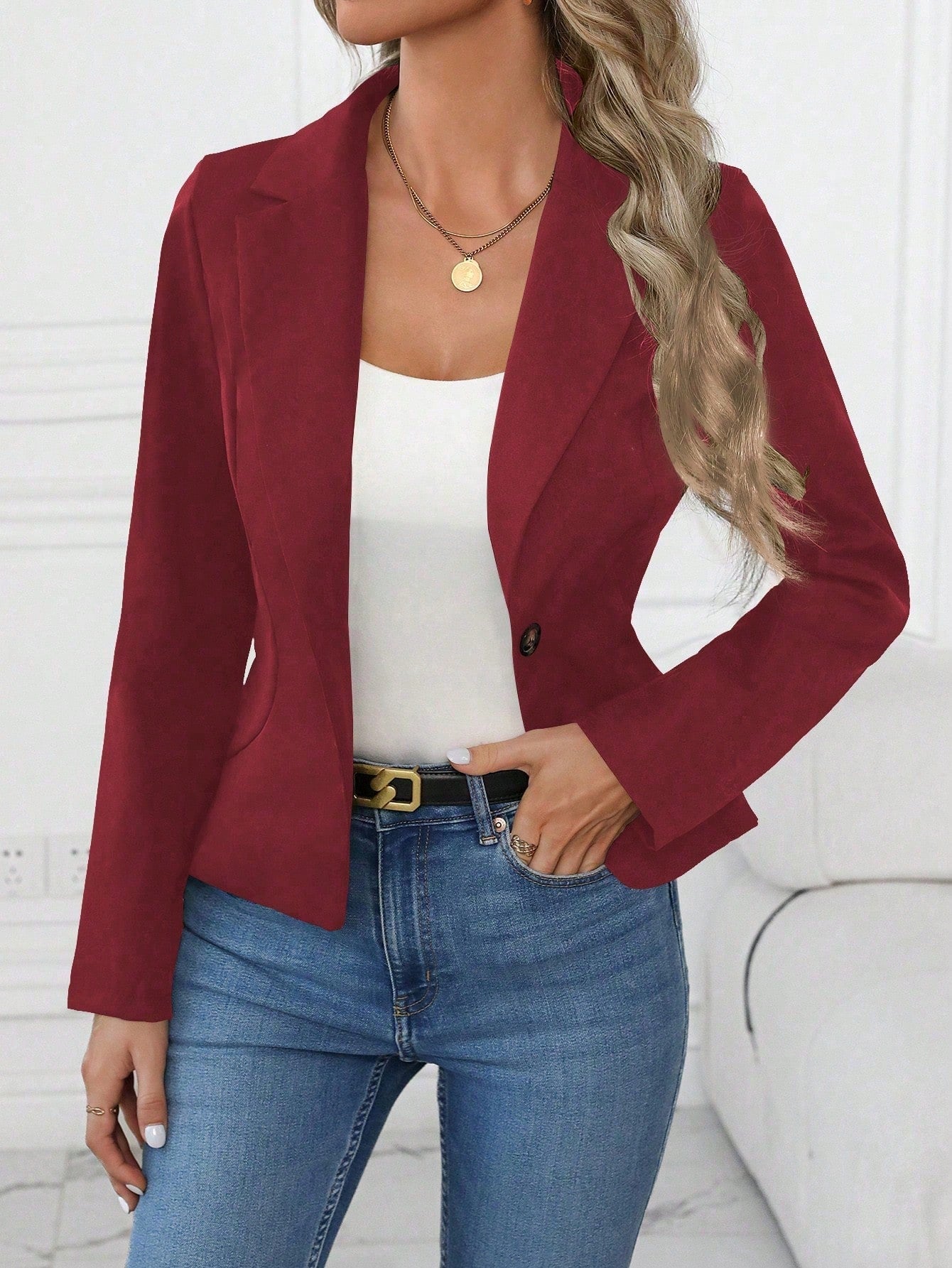 Women’s brown long sleeve blazer with single button and notched lapel, casual elegant office jacket by Nushes.