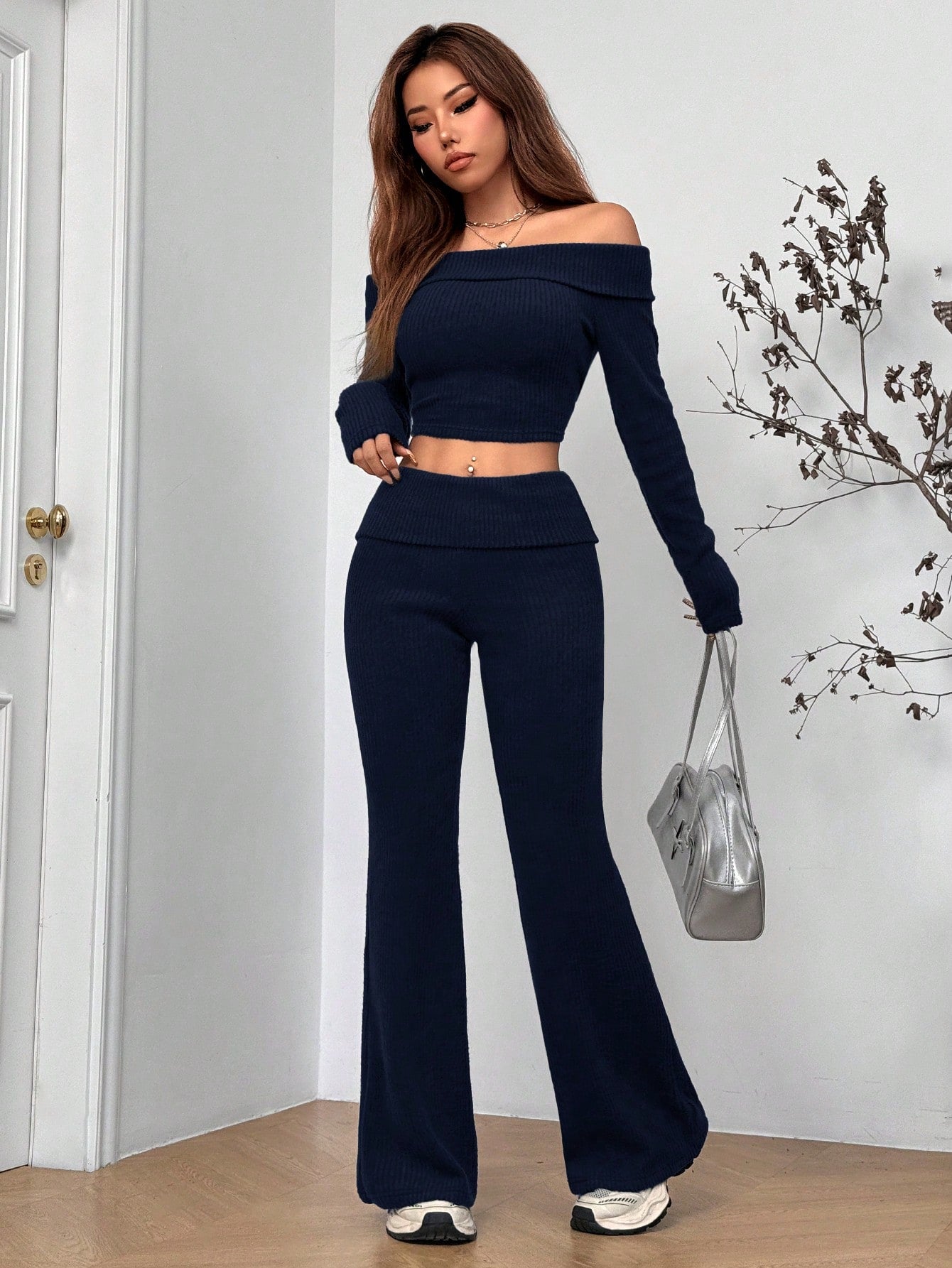 Women’s Off-Shoulder Ribbed Knit 2-Piece Set Crop Top & Flared Pants