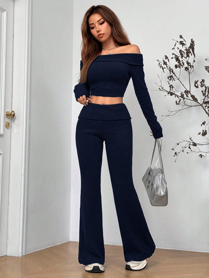 Women’s Off-Shoulder Ribbed Knit 2-Piece Set Crop Top & Flared Pants