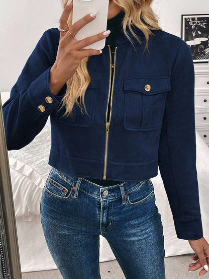 Women’s Black Military-Style Jacket – Short Zip Front Coat