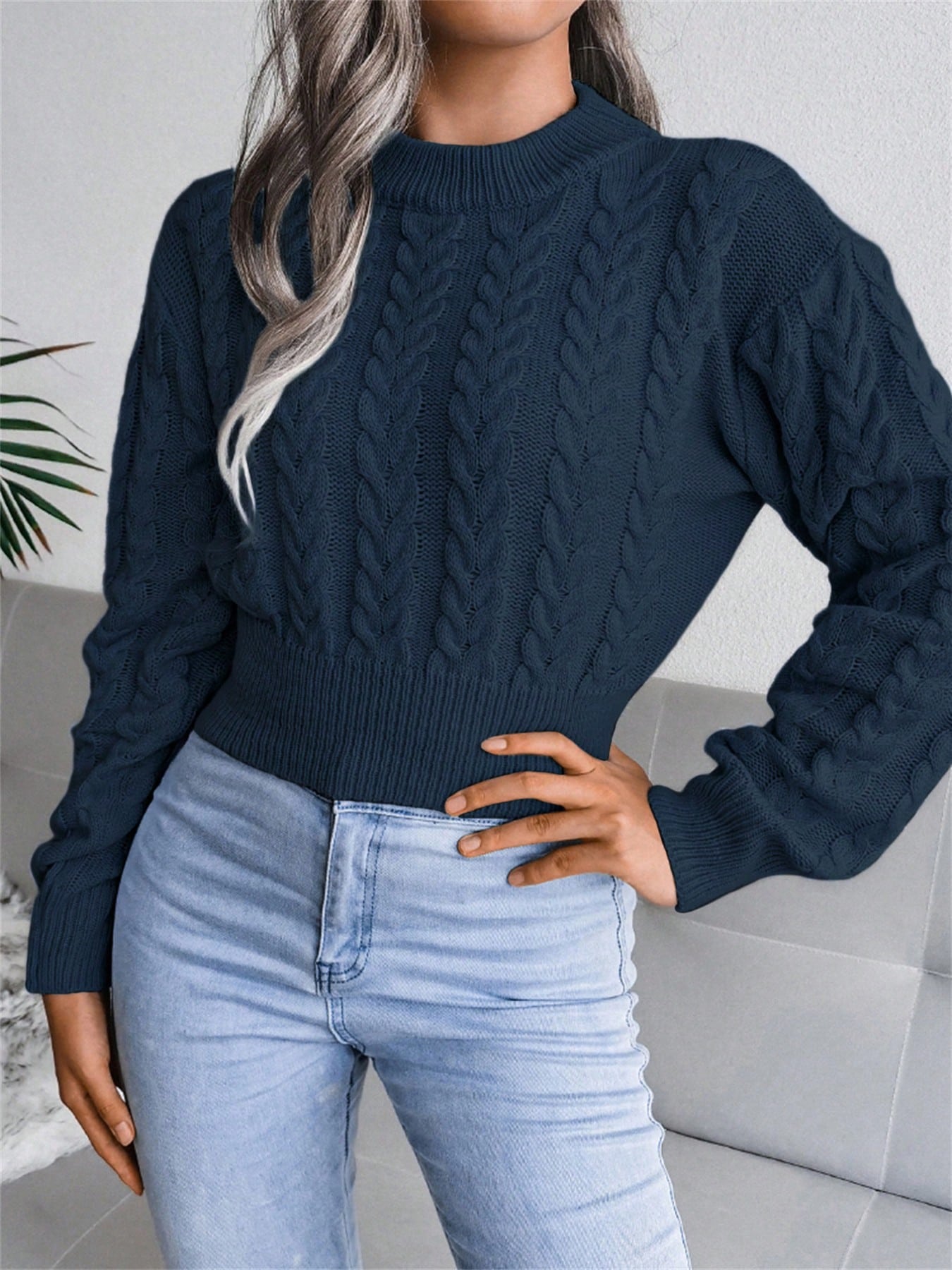 Women’s Cable-Knit Cropped Sweater – Round Neck Long Sleeve Ribbed Pullover
