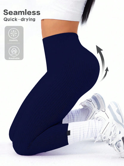 Women’s Seamless High-Waist Ribbed Yoga Leggings – Tummy Control Quick-Dry Fitness Pants