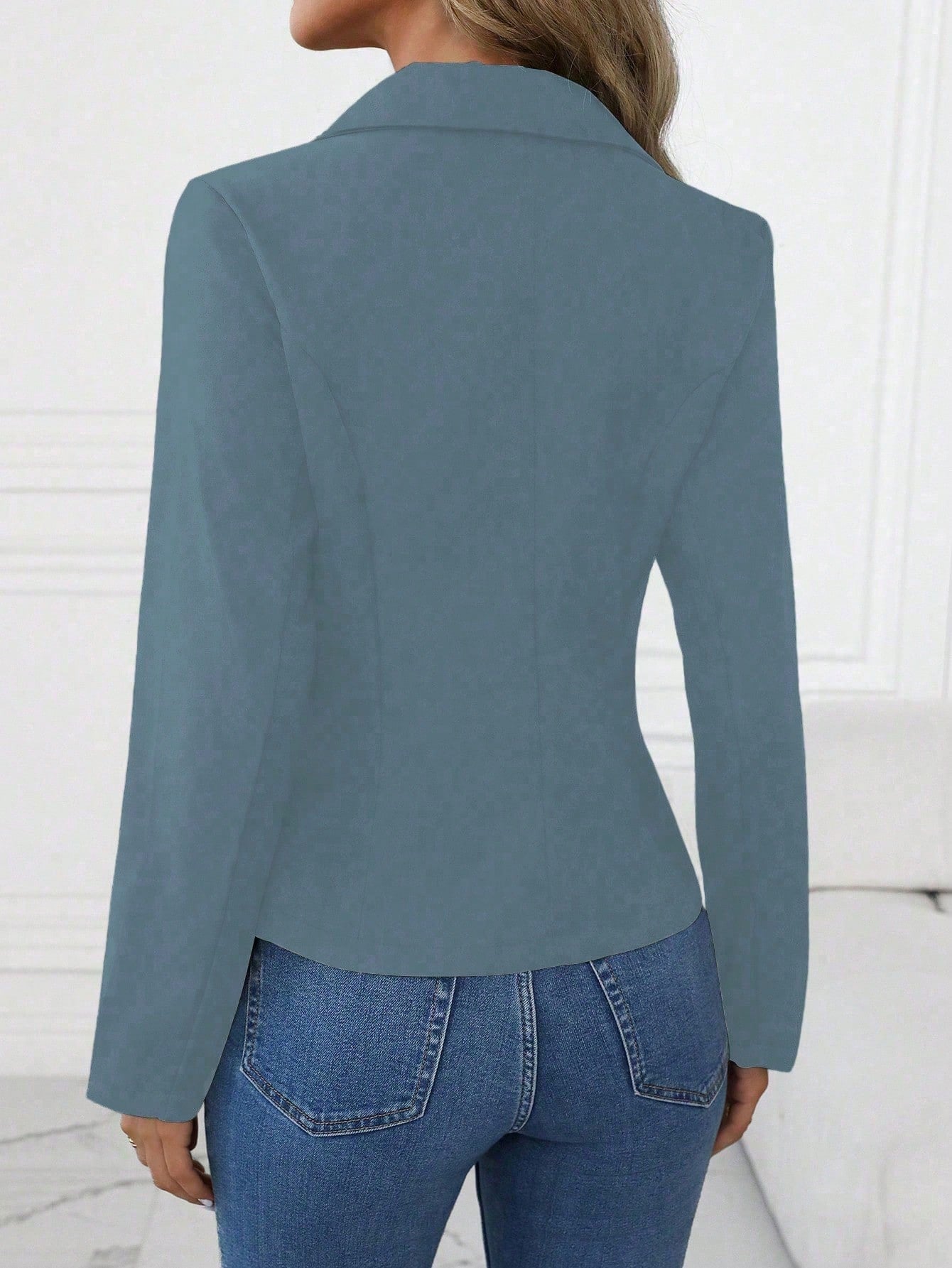 Women’s brown long sleeve blazer with single button and notched lapel, casual elegant office jacket by Nushes.