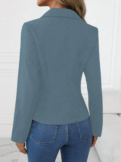 Women’s brown long sleeve blazer with single button and notched lapel, casual elegant office jacket by Nushes.