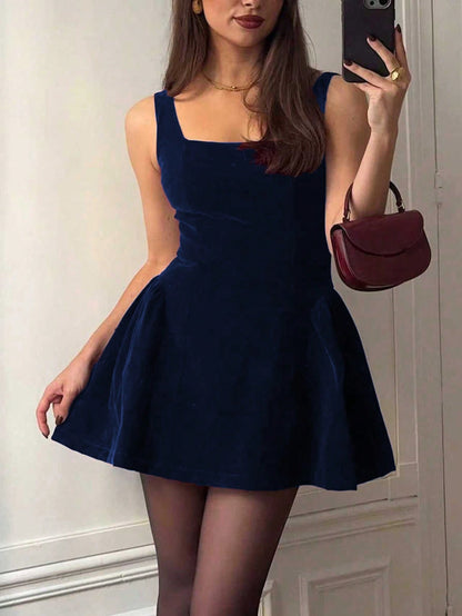 Women’s Velvet A-Line Mini Dress – Elegant Square Neck Sleeveless Party Dress
