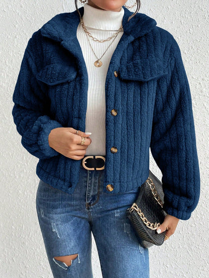 Women’s Plush Short Jacket Soft Casual Winter Coat with Long Sleeves