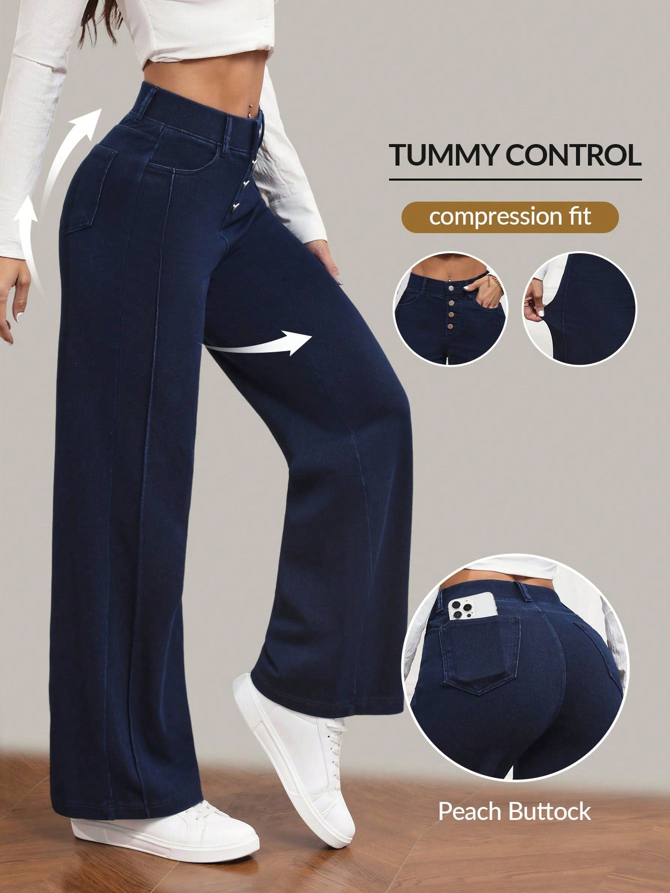 Women’s Flexra High-Waist Tummy Control Pants Wide-Leg Compression Fit Jeans
