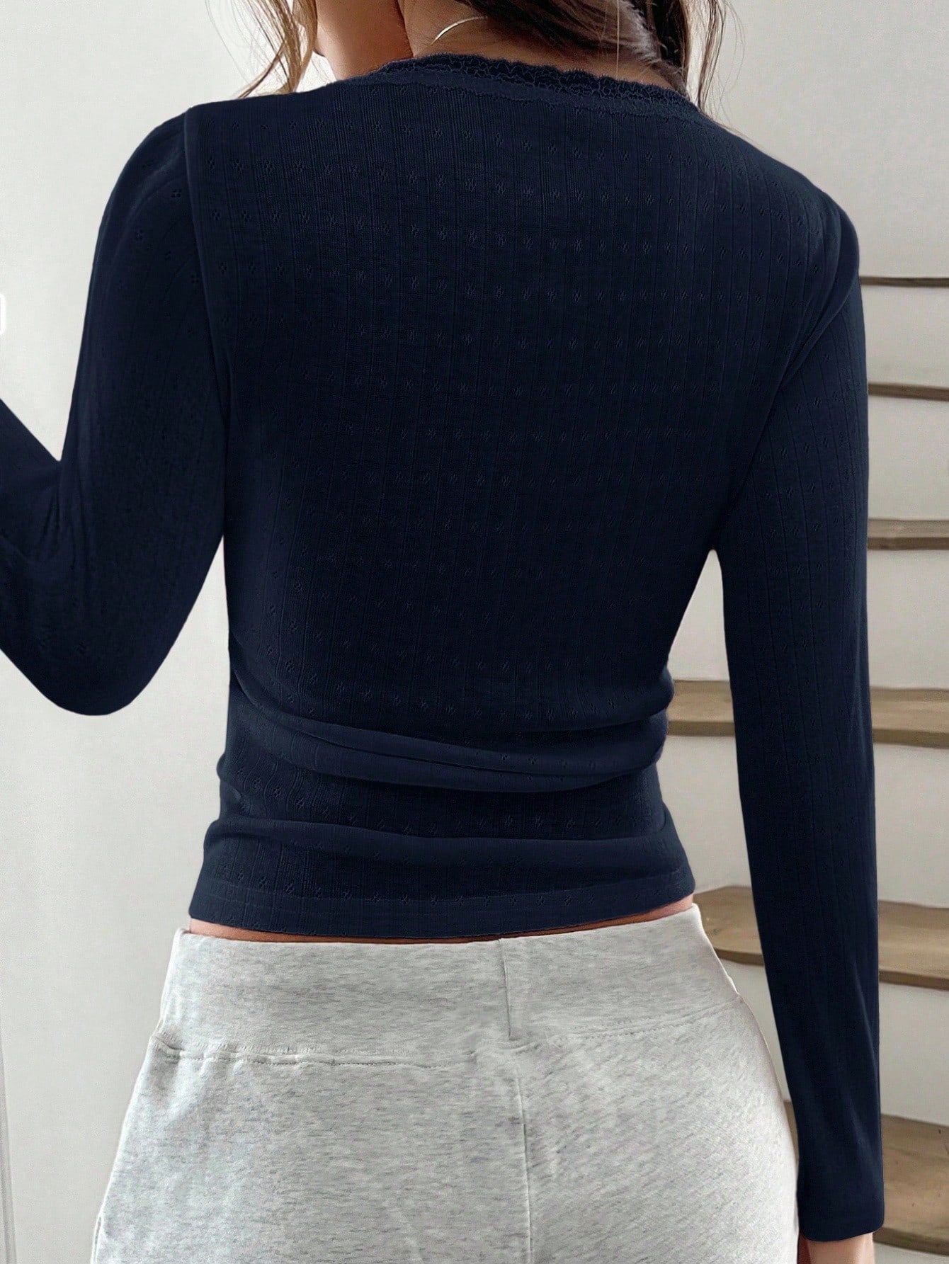 Women’s Lace Trim Long Sleeve Button Top – Slim Fit Ribbed Knit Tee