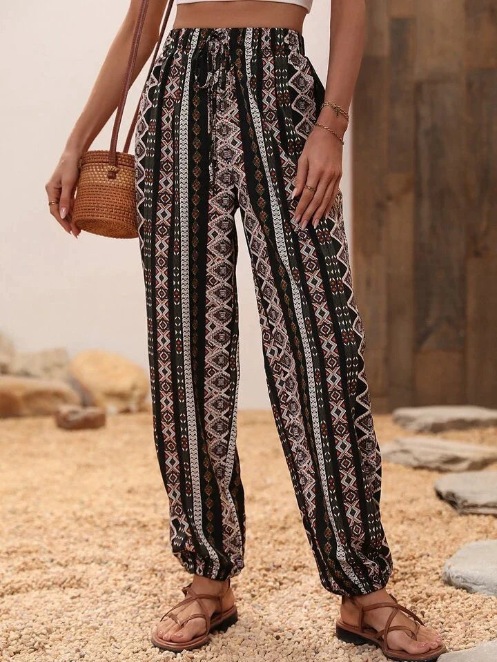 Pantalon sarouel bohème à imprimé éléphant et taille élastique
