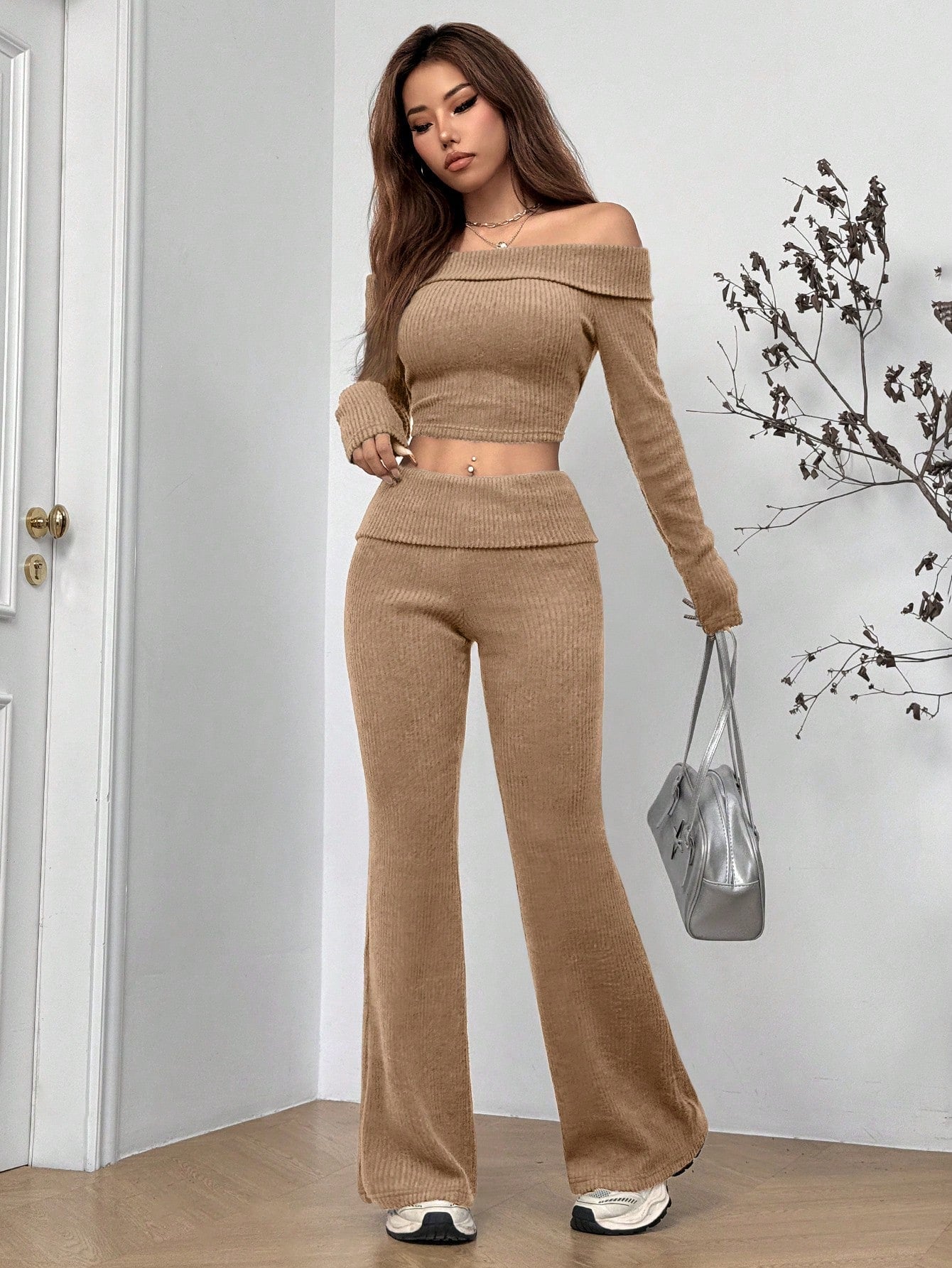 Women’s Off-Shoulder Ribbed Knit 2-Piece Set Crop Top & Flared Pants
