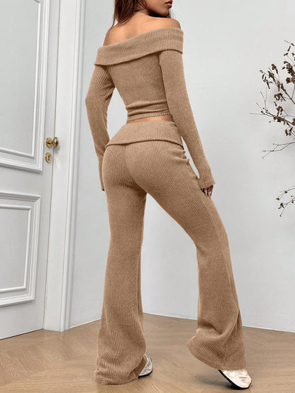 Women’s Off-Shoulder Ribbed Knit 2-Piece Set Crop Top & Flared Pants