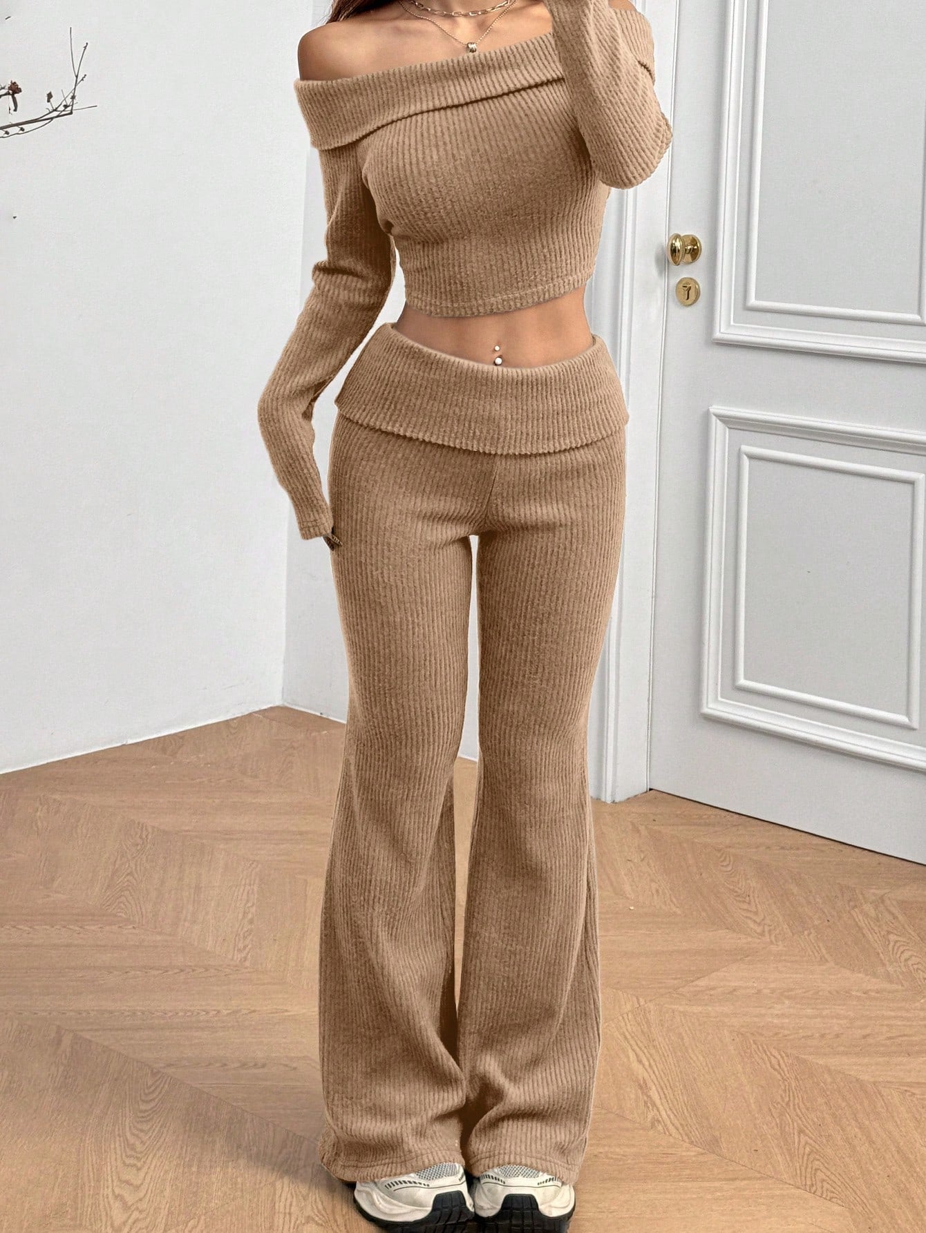 Women’s Off-Shoulder Ribbed Knit 2-Piece Set Crop Top & Flared Pants
