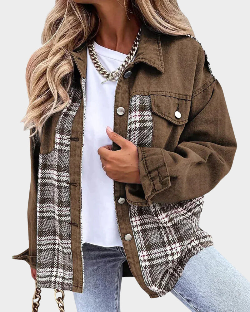Femme Veste Décontractée à Carreaux Coupe Ample