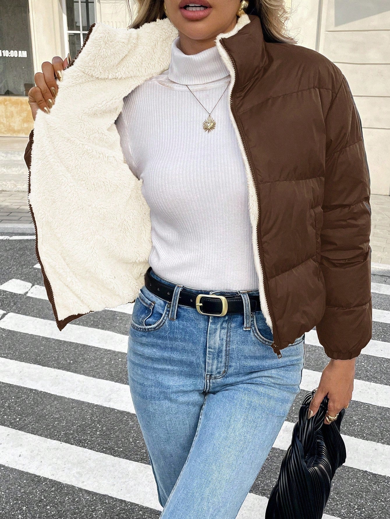 Women’s Thermal Lined Winter Jacket – Zip Front Stand Collar Puffer Coat