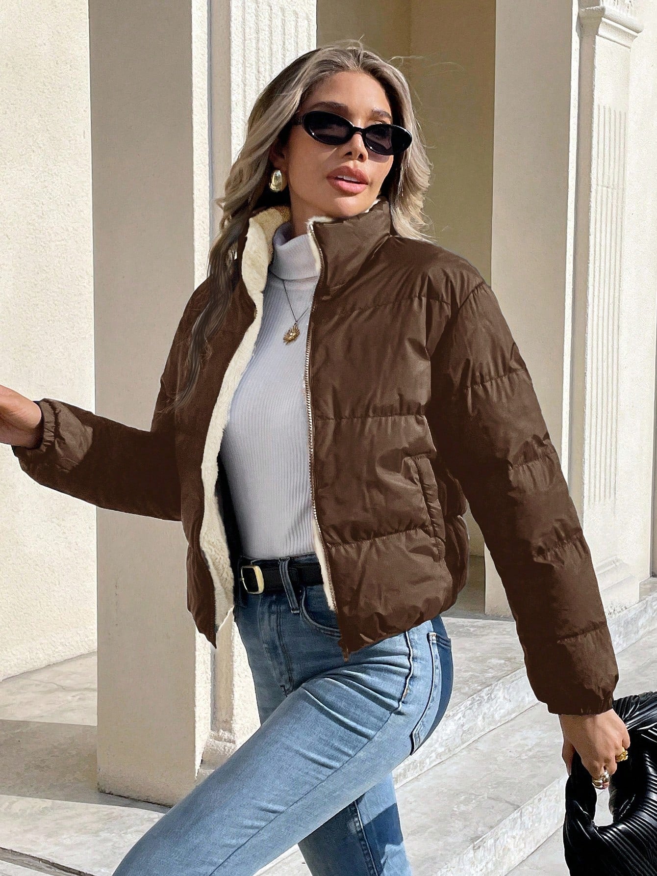 Women’s Thermal Lined Winter Jacket – Zip Front Stand Collar Puffer Coat