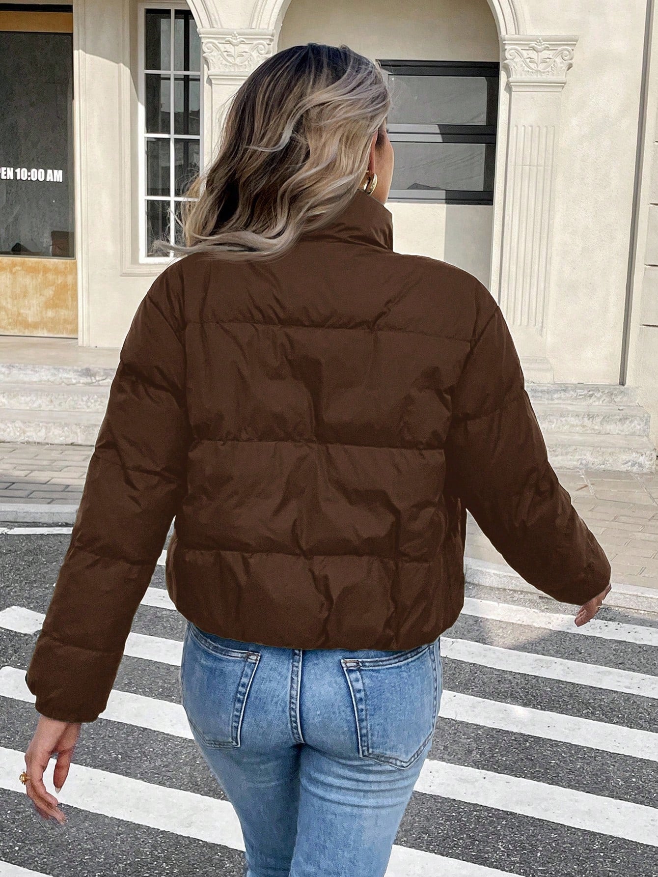 Women’s Thermal Lined Winter Jacket – Zip Front Stand Collar Puffer Coat