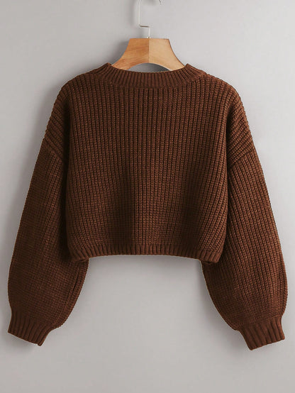 Women's Drop Shoulder Knit Sweater – Cozy Rib-Knit Long Sleeve Pullover