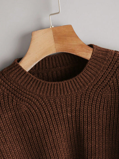 Women's Drop Shoulder Knit Sweater – Cozy Rib-Knit Long Sleeve Pullover