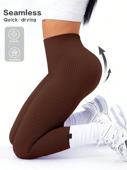 Women’s Seamless High-Waist Ribbed Yoga Leggings – Tummy Control Quick-Dry Fitness Pants