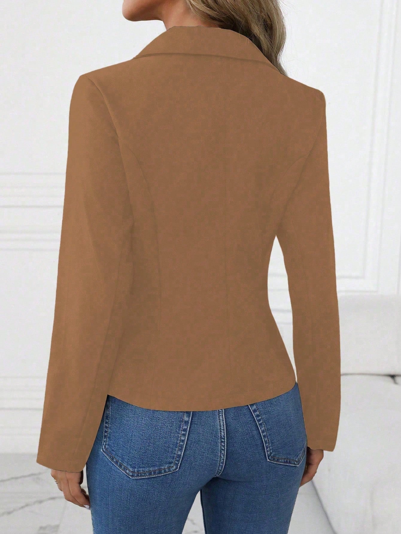 Women’s brown long sleeve blazer with single button and notched lapel, casual elegant office jacket by Nushes.