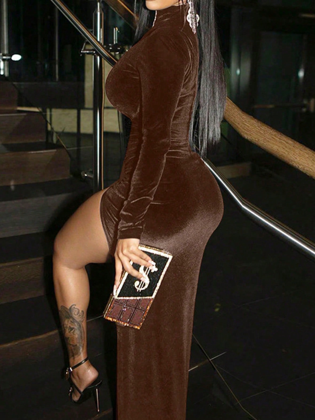 Women’s Velvet Split Maxi Dress Elegant Long Sleeve Party Gown