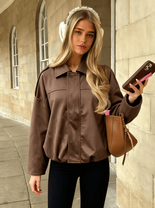 Elegant Women’s Brown Zip-Up Jacket Woven Outerwear