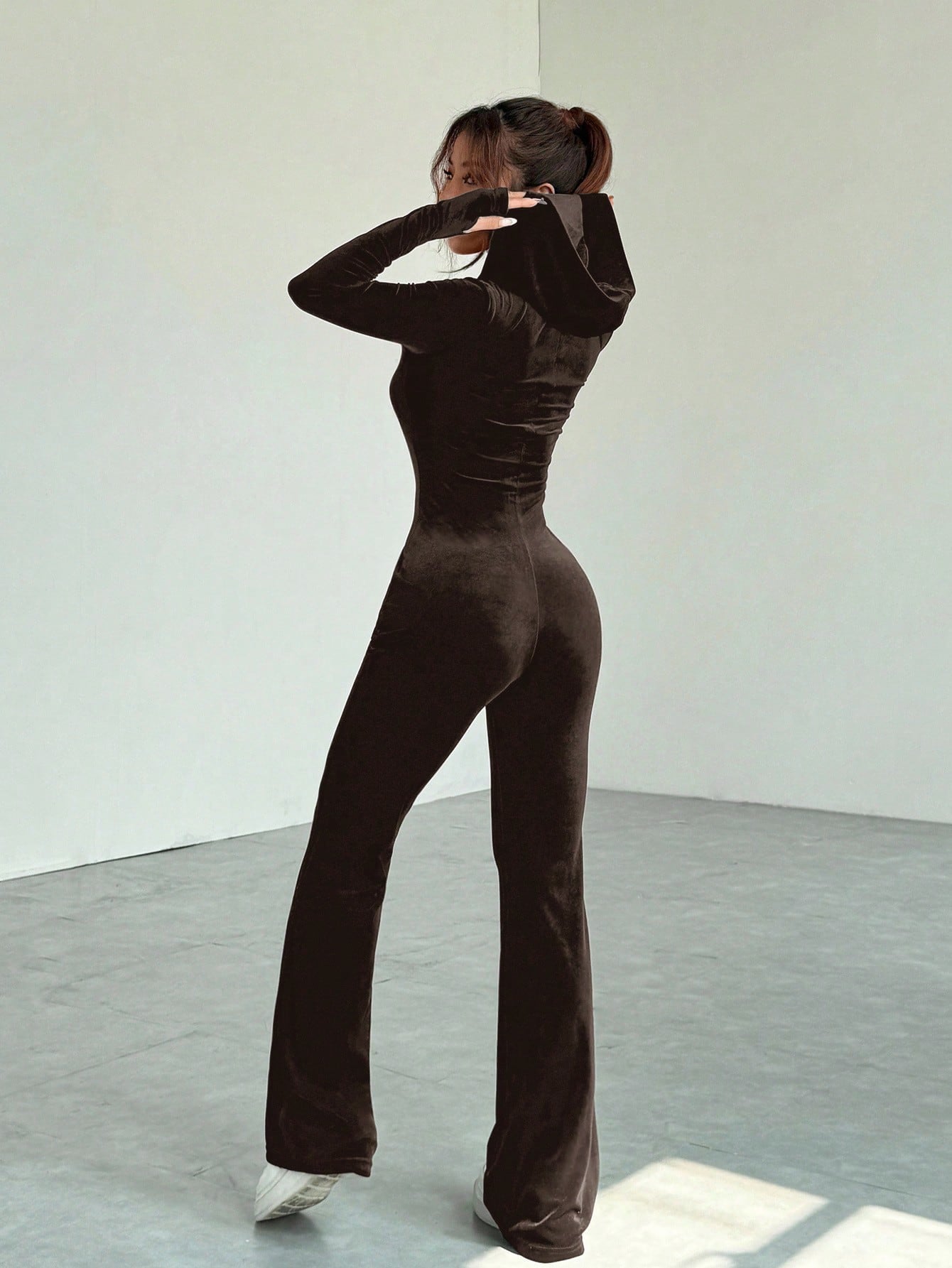 Women’s Velvet Slim Fit Jumpsuit – Deep V-Neck Long Sleeve Stretch One-Piece