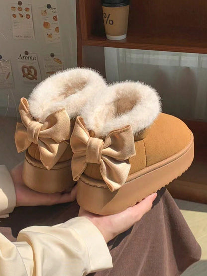 Women’s Warm Fur-Lined Thick Sole Slippers with Bow Decor – Cozy Winter Indoor Shoes