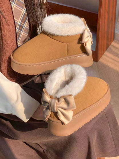 Women’s Warm Fur-Lined Thick Sole Slippers with Bow Decor – Cozy Winter Indoor Shoes
