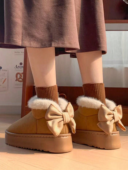 Women’s Warm Fur-Lined Thick Sole Slippers with Bow Decor – Cozy Winter Indoor Shoes