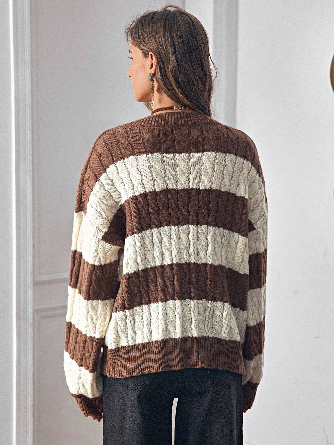 Women’s Two-Tone Cable Knit Sweater Soft Striped Pullover for Winter
