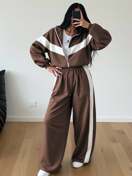 women’s color-block zip-up hoodie and jogger set brown Nushes 