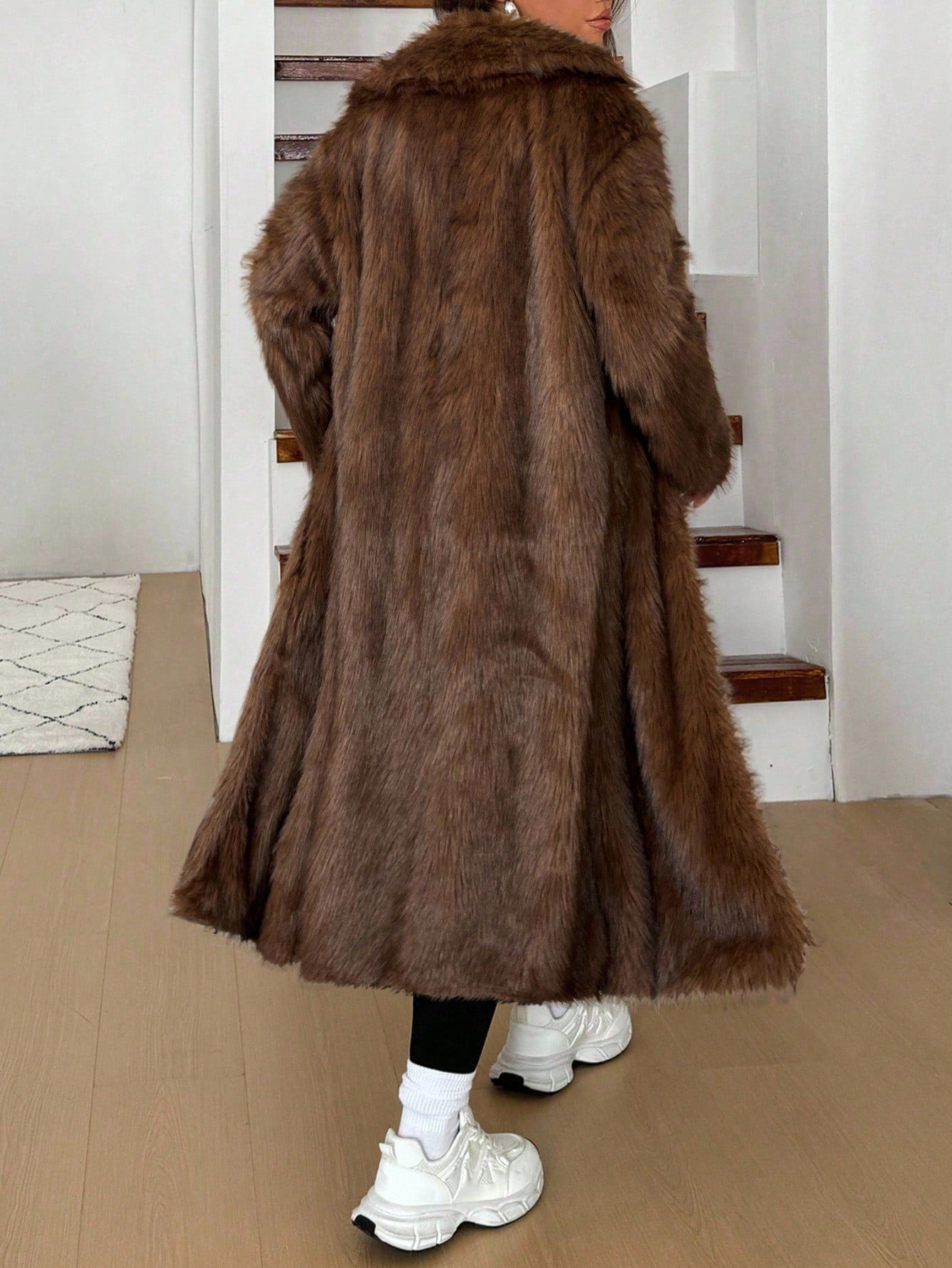 woman wearing long grey faux fur coat winter jacket Nushes 
