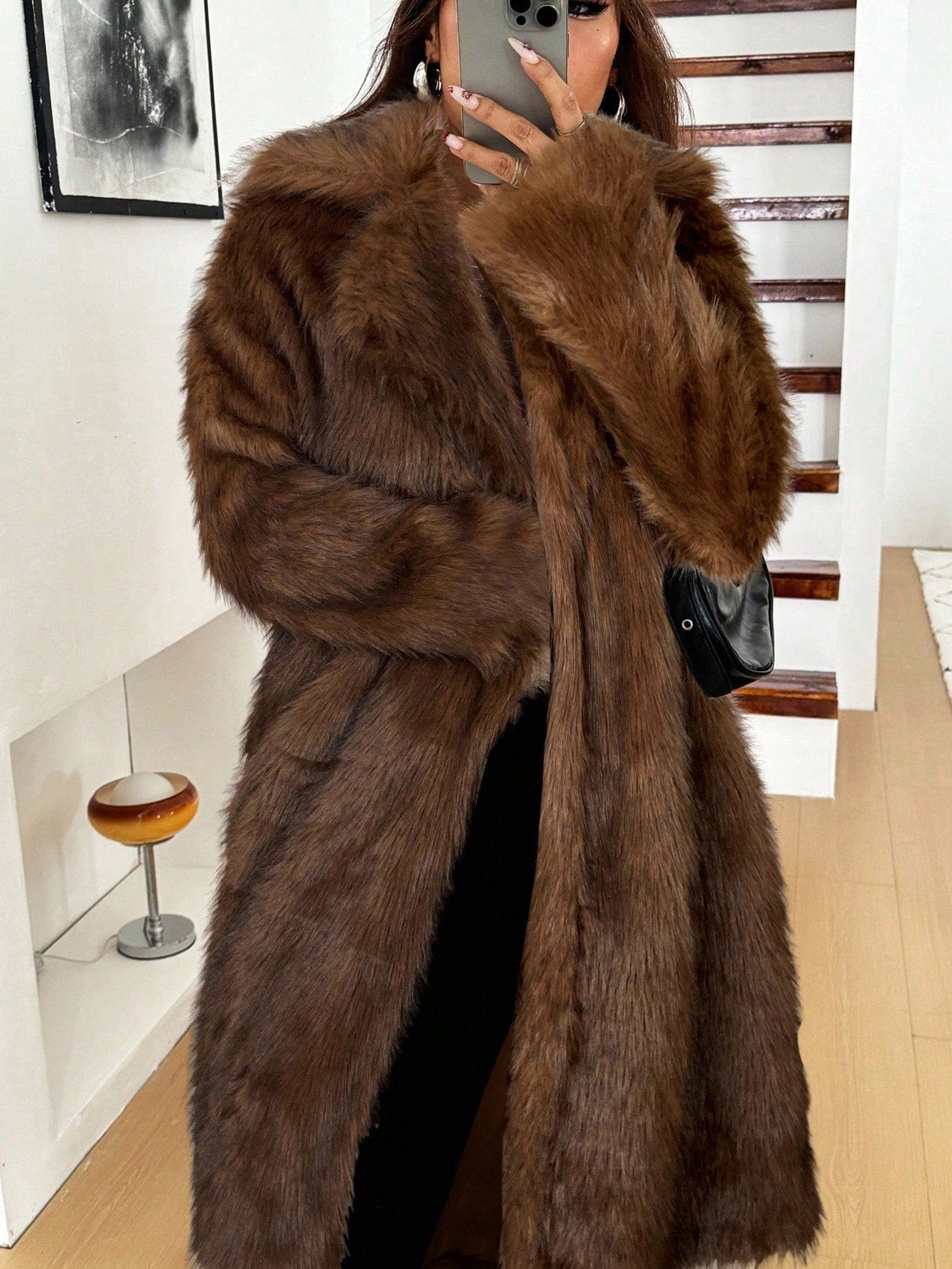 woman wearing long grey faux fur coat winter jacket Nushes 
