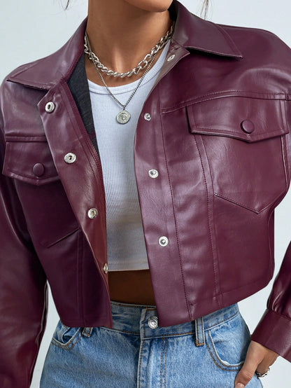 Women’s Cropped Faux Leather Jacket – Street Style PU Coat with Front Pockets