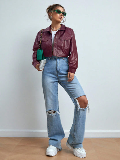 Women’s Cropped Faux Leather Jacket – Street Style PU Coat with Front Pockets