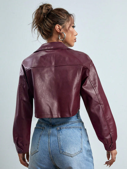 Women’s Cropped Faux Leather Jacket – Street Style PU Coat with Front Pockets