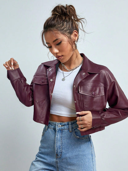 Women’s Cropped Faux Leather Jacket – Street Style PU Coat with Front Pockets