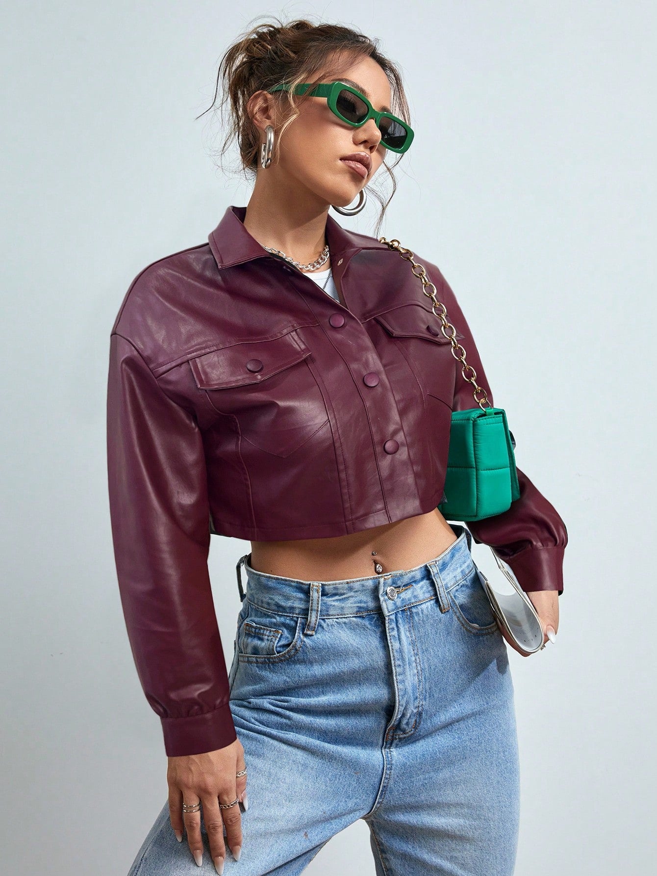 Women’s Cropped Faux Leather Jacket – Street Style PU Coat with Front Pockets