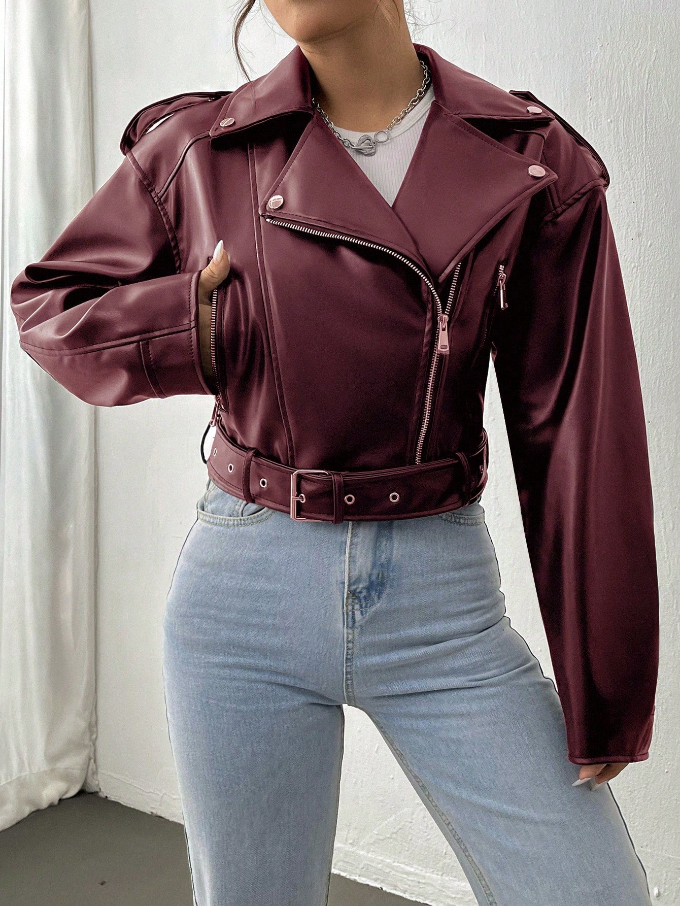 Women’s Street Moto Faux Leather Jacket – Cropped Zip Biker Coat