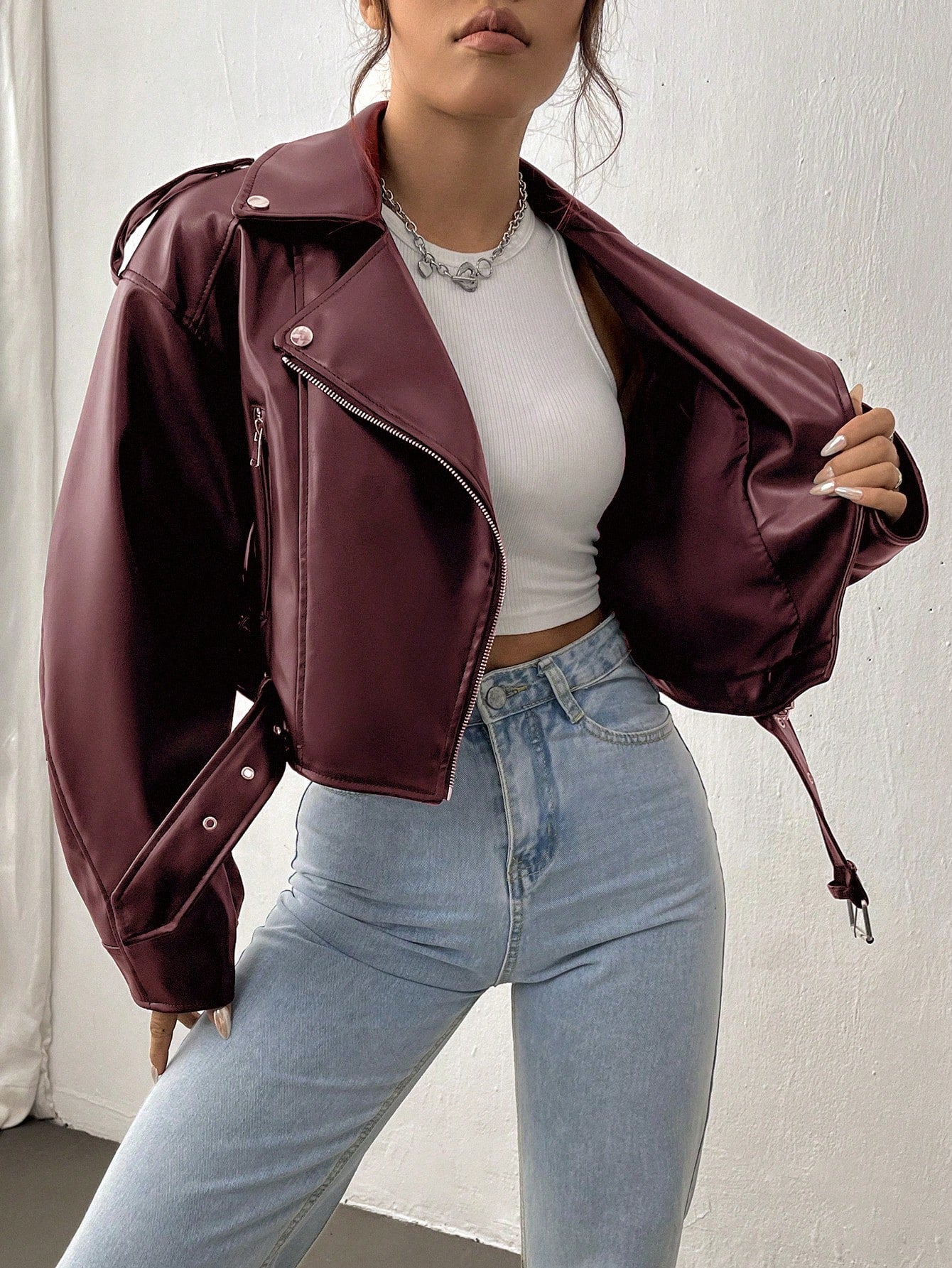 Women’s Street Moto Faux Leather Jacket – Cropped Zip Biker Coat