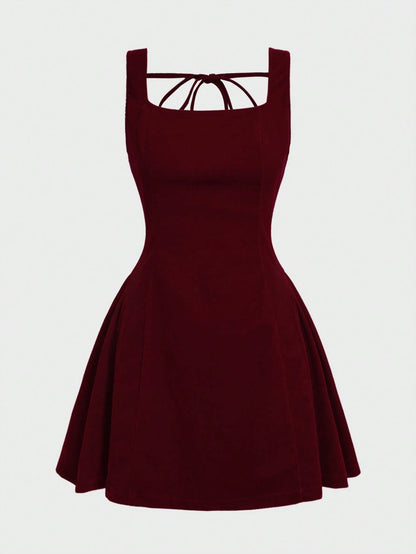 Women’s Velvet A-Line Mini Dress – Elegant Square Neck Sleeveless Party Dress