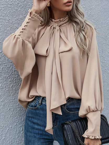 Blouse Femme Élégante – Nœud au Col et Manches Bouffantes