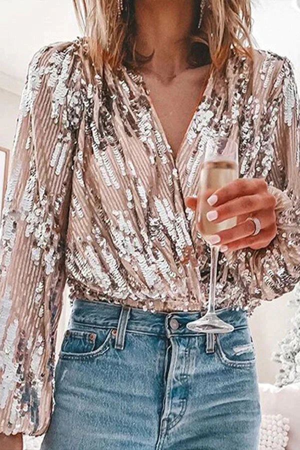 Blouse Femme à Paillettes – Manches Bouffantes et Décolleté en V