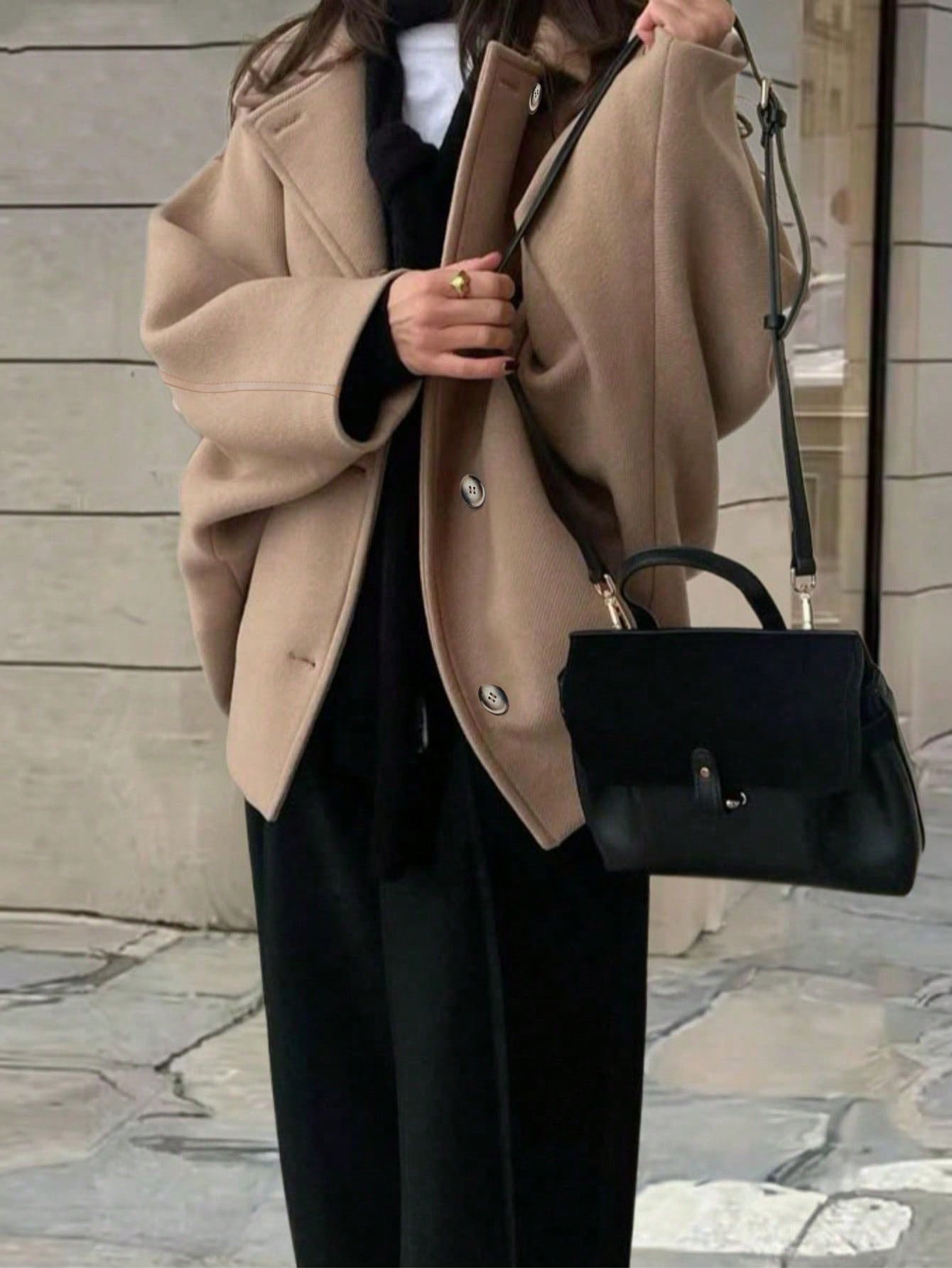 Women’s Wool Blend Long Coat – Elegant Solid Color Button Front Overcoat with Pockets