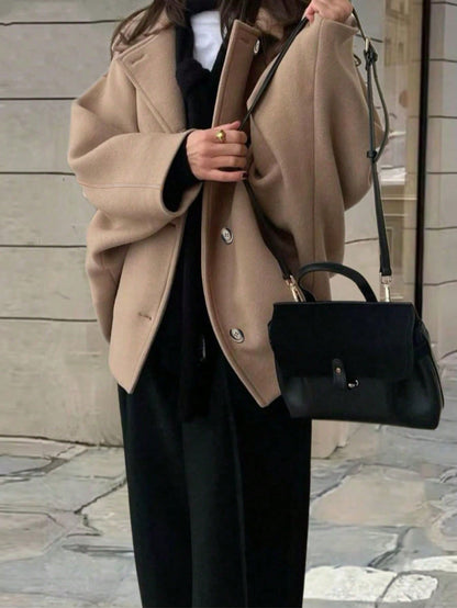 Women’s Wool Blend Long Coat – Elegant Solid Color Button Front Overcoat with Pockets