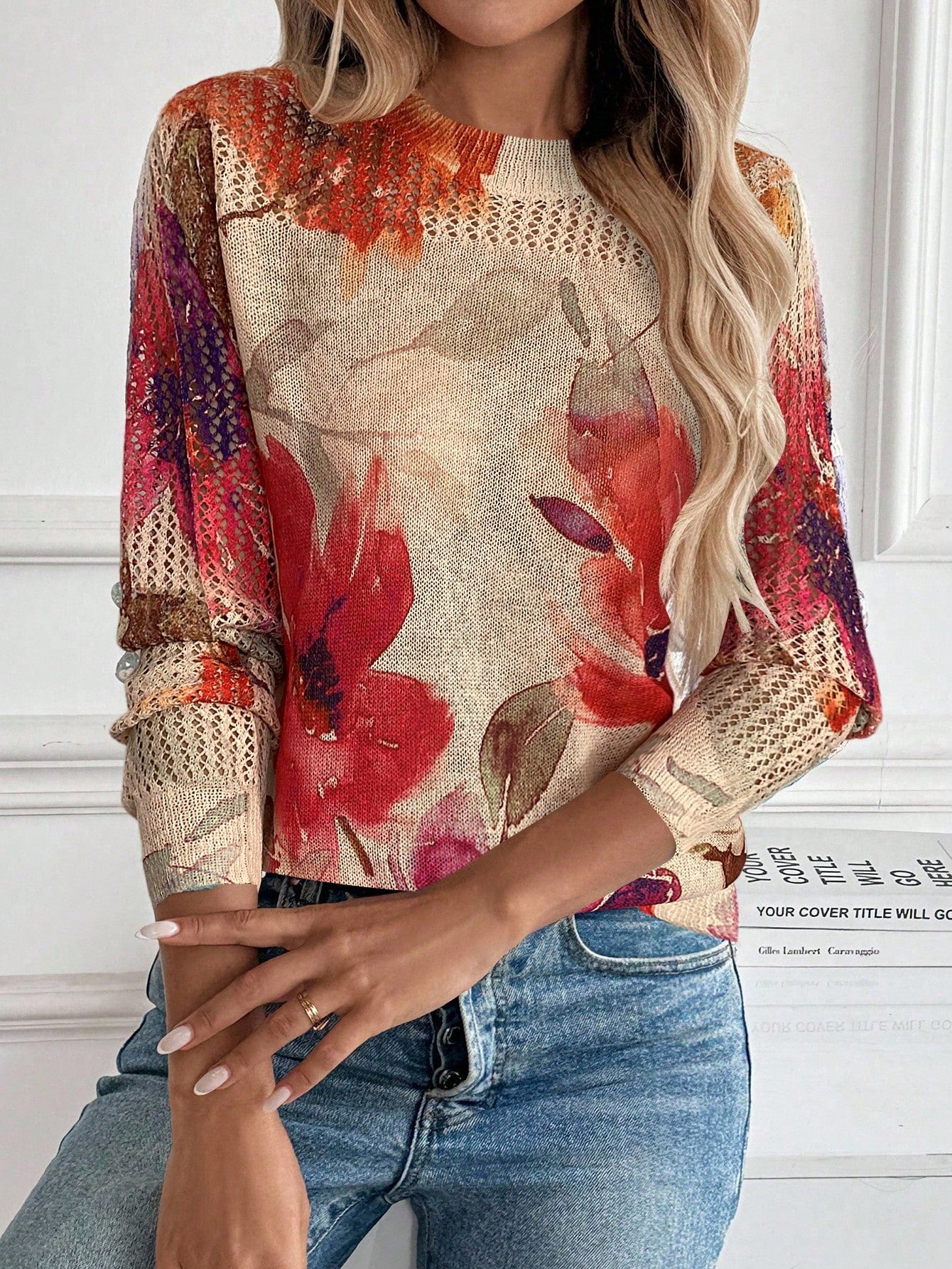 Women’s Vintage Floral Knit Sweater – Artistic Tie-Dye Print Lightweight Pullover Top