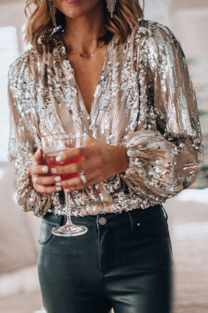 Blouse Femme à Paillettes – Manches Bouffantes et Décolleté en V