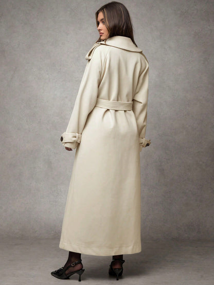 Women’s Long Wool Blend Coat – Elegant Double-Breasted Trench with Belted Waist