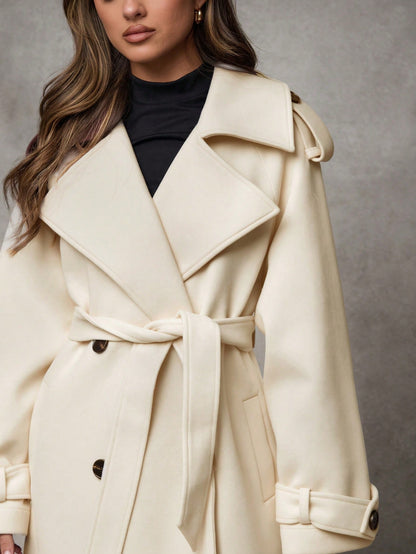 Women’s Long Wool Blend Coat – Elegant Double-Breasted Trench with Belted Waist